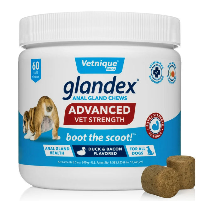 Glandex for Dogs Advanced Strength Anal Gland Soft Chews Supplement for Digestion with Fiber & Probiotics 60Ct Vegan Duck/Bacon