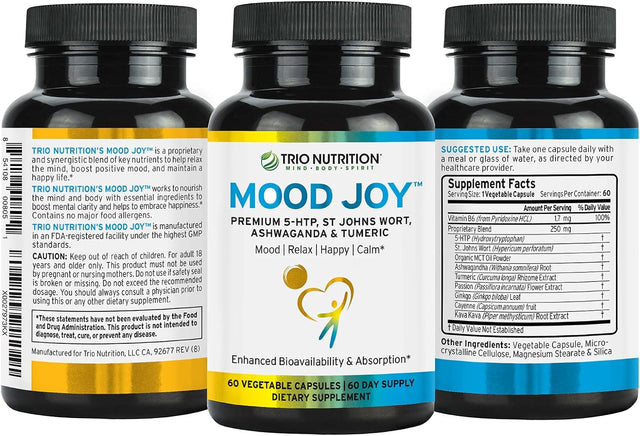 Trio Mood Joy | Premium 5-HTP, St Johns Wort, Ashwagandha & Turmeric | Ashwagandha Capsules to Promote Natural Calm & Relaxed Mood* | Mood Support Supplement* | 60 Day Supply