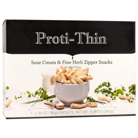 Proti-Thin High Protein Sour Cream & Fine Herb Zipper Snacks, 15G Protein, Low Calorie, Low Fat, Low Sugar, No Gluten Ingredients, Aspartame Free, Ideal Protein Compatible, 7 Count Box