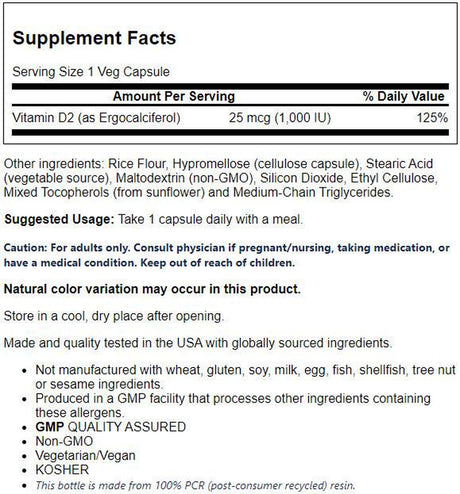 NOW Supplements, Vitamin D 1,000 IU Dry, High Potency, Strong Bones*, Structural Support*, 120 Veg Capsules