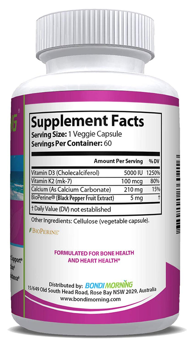 Bondi Morning Vitamin K2+D3 Supplement - High Potency 5000IU Vitamin D3 & 100Mg Vitamin K2 (MK7) - for Bone & Heart Health - 60 Vegan Capsules