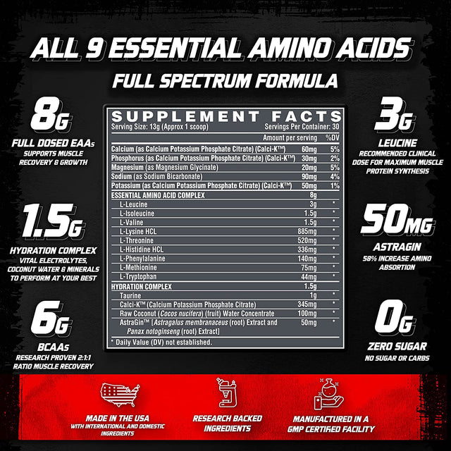 Nutrex Research EAA Hydration | Eaas + Bcaas Powder | Muscle Recovery, Strength, Muscle Building, Endurance | 8G Essential Amino Acids + Electrolytes | Blood Orange Flavor 30 Serving