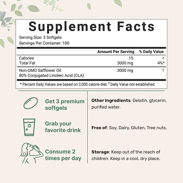 Micro Ingredients CLA Supplements 3000Mg per Serving | 300 Softgels, Made with 80% CLA from Non-Gmo Safflower Oil, Active Conjugated Linoleic Acid