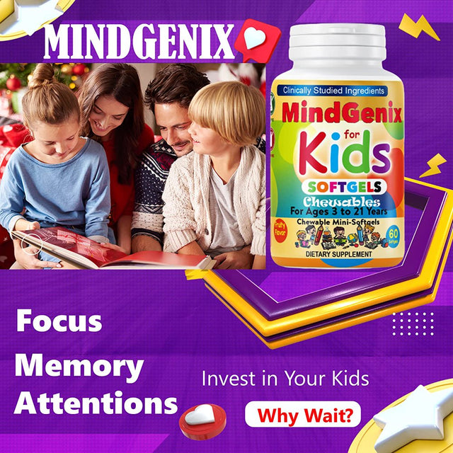 Mindgenix Kids Brain Focus Supplements for Kids & Teens, Kids Omega 3 Brain Booster Nootropic Supplement Focus Softgels 60Ct