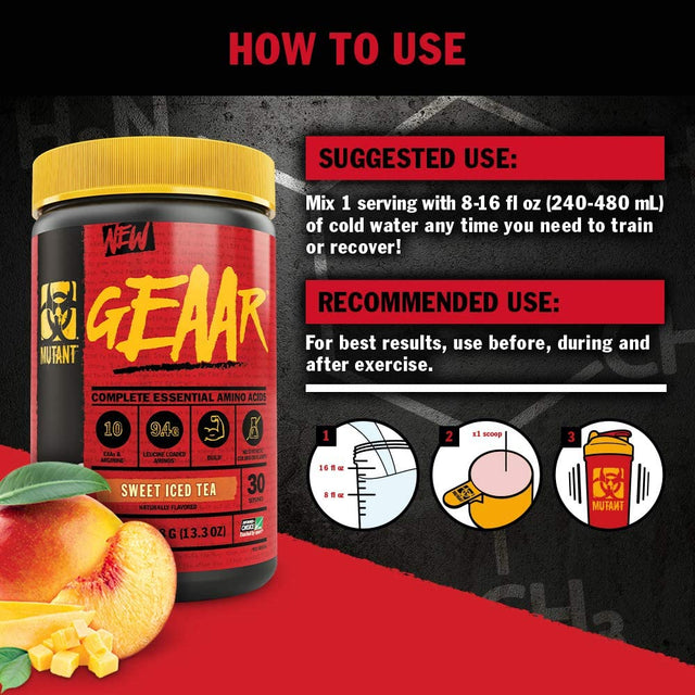 Mutant GEAAR - 9.4G of EAA Powder + Arginine, 7G Bcaas, 4G Leucine, Electrolytes, Coconut Water, No Artificial Colors or Flavors, Delicious Taste - 30 Servings - Blue Raspberry - 378G