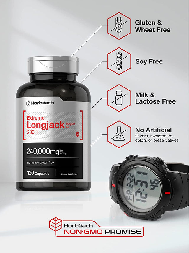 Longjack Tongkat Ali | 240,000 Mg (200:1 Potent Extract) | 120 Capsules | Extreme Male Performance Supplement | Super Concentrated Herbal Extract Formula | Non-Gmo and Gluten Free Pills | by Horbaach