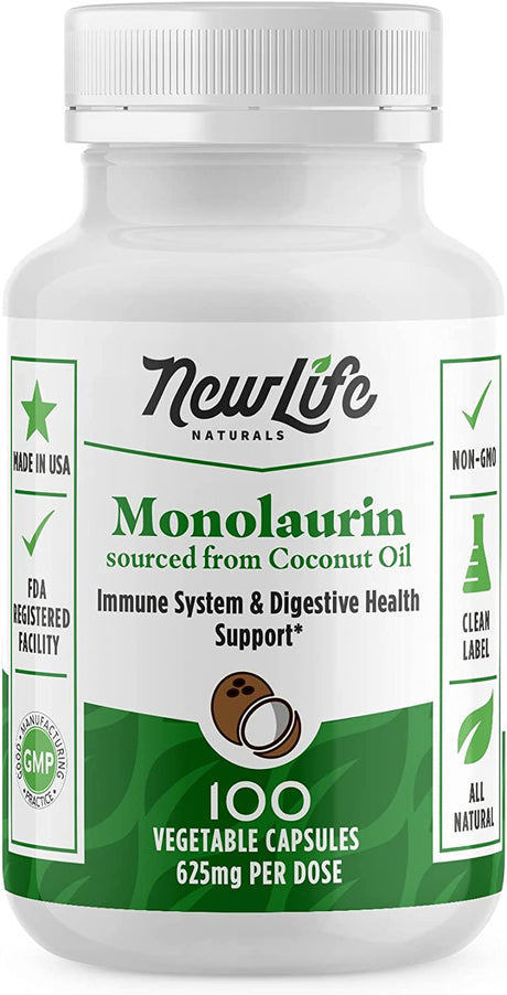 Newlife Naturals Monolaraurin Dietary Supplement - 625Mg Monolaurin Lauric Acid for Immune System and Digestive Health - 100 Vegetable Capsules