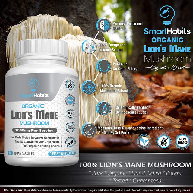 Certified Organic Lion'S Mane Mushroom Capsules - Nootropic Superfood Extract Promote Brain Function, Nervous System Health, and Immunity Hand Picked Mushrooms, Third-Party Verified for Purity