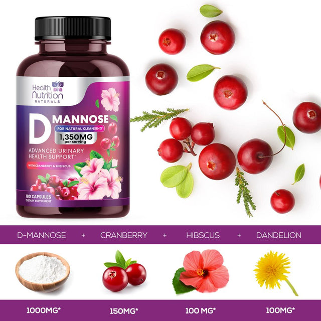 D-Mannose & Cranberry Extract 1350Mg, Fast-Acting to Support Natural Urinary Tract Health for Women & Men, Non-Gmo & Vegan, Flush Impurities in Urinary Tract & Bladder - 180 Capsules