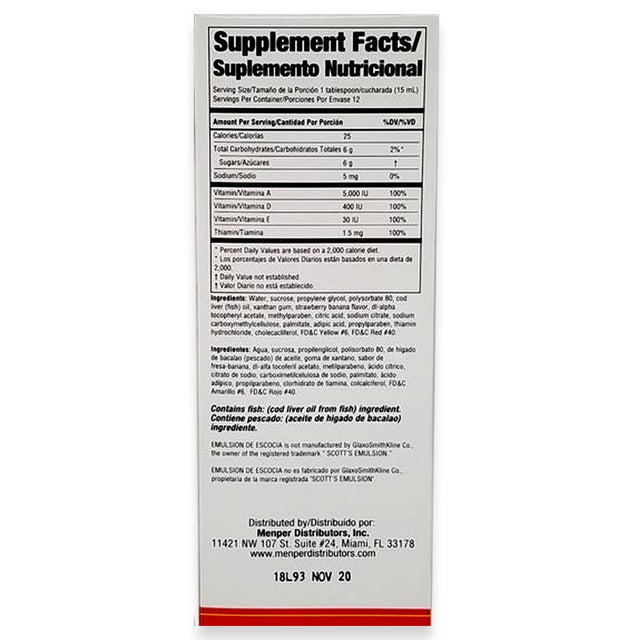 Emulsion De Escocia. Cod Liver Oil Dietary Supplement. Rich in Vitamins A, D, E and B1. Strawberry & Banana Flavour. 6.5 Fl.Oz. Pack of 3