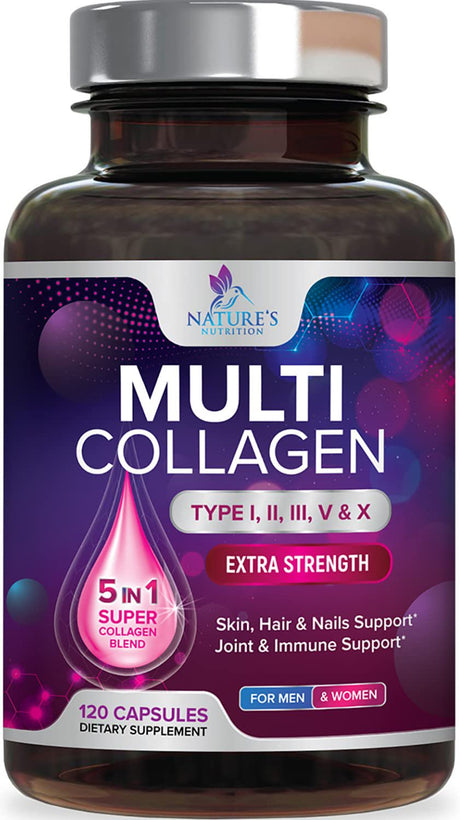 Multi Collagen Complex Pills - Type I, II, III, V, X, Grass Fed & Non-Gmo Hydrolyzed Collagen Peptides Supplement - Supports Hair, Nails, Skin & Joint Health, Gluten-Free, Paleo & Keto - 120 Capsules