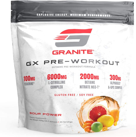 Granite® GX Pre-Workout Supplement (Sour Power) Advanced Formula for Pump, Focus, Energy, Performance | Citrulline, Taurine, Lions Mane, Tyrosine, Teacrine, Betaine, Carnosyn, Creatine | Vegan, USA