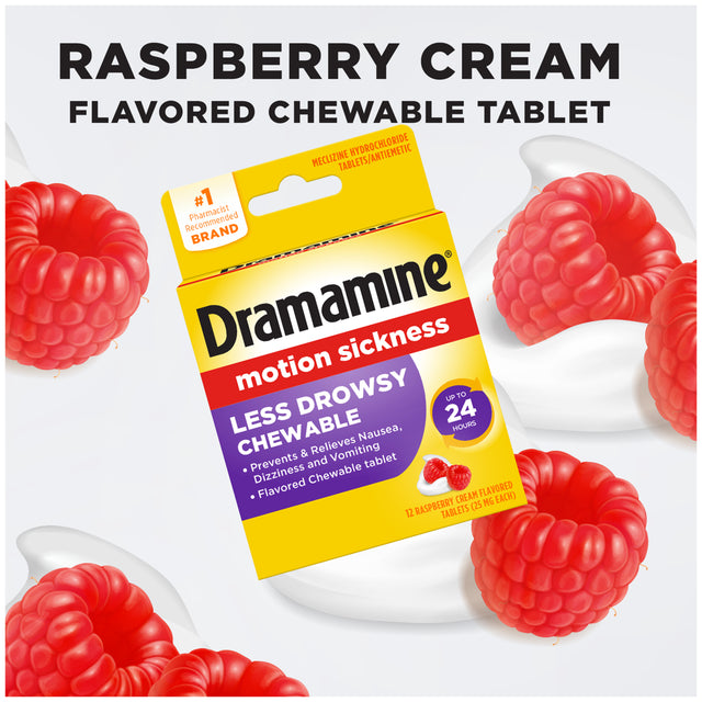 Dramamine Chewable Less Drowsy, Motion Sickness Relief, Raspberry Cream Flavor, 12 Count