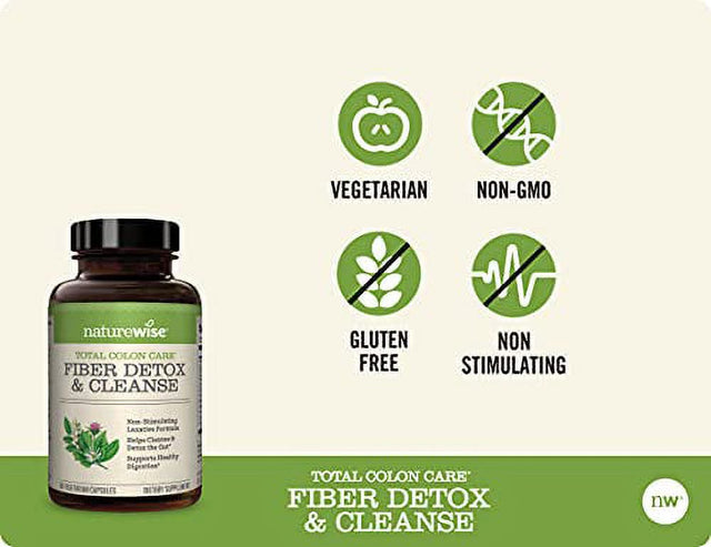 Naturewise Total Colon Care Fiber Cleanse with Safe Herbal Laxatives, Prebiotics, & Digestive Enzymes for Healthy Elimination, Safe Digestion & Weight, Detox, & Gut Health [1 Month Supply - 60 Count]