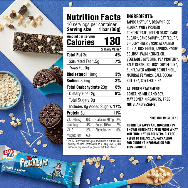 CLIF KID ZBAR - Protein Granola Bars - Cookies and Creme Flavor - Non-Gmo - Organic -Lunch Box Snacks (1.27 Ounce Energy Bars, 10 Count)