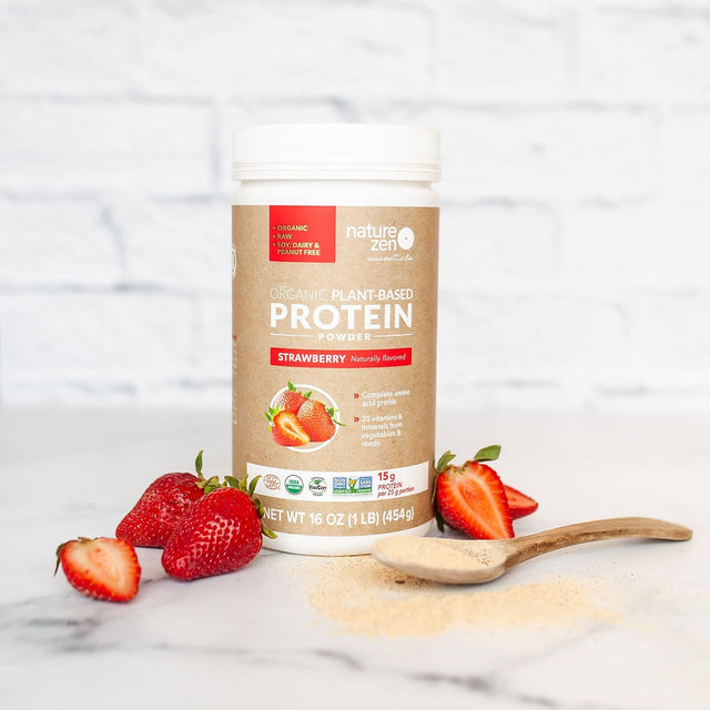 Nature Zen Organic Vegan Protein Powder From, Strawberry, Organic Rice and Pea Protein, Low Net Carbs, Dairy Free, Soy Free, Gluten Free, Naturally Non GMO, Kosher, Halal, 18 Servings, 1Lb