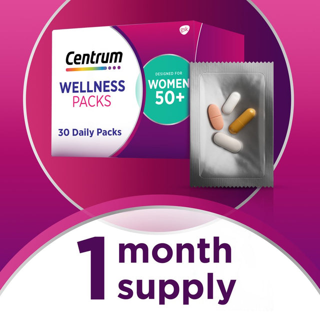 Centrum Wellness Packs Daily Vitamins for Women in Their 50S, with Complete Multivitamin, Calcium, Vitamin C 1000Mg with Rose Hips and Turmeric Complex - 30 Packs/1 Month Supply