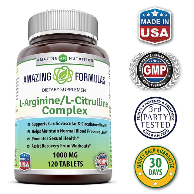 Amazing Nutrition L-Arginine/L-Citrulline Complex 1000 Mg Combines Two Amino Acids with Potential Health Benefits Supports Energy Production Ads (120 Tablets) (Non-Gmo,Gluten Free)