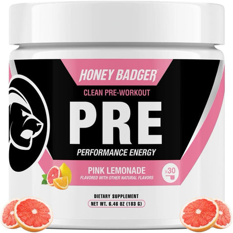 Honey Badger Pre Workout Powder, Keto Vegan Preworkout for Men & Women with Vitamin C for Immune Support, Beta Alanine & Caffeine, Sugar Free Natural Energy Supplement, Pink Lemonade, 30 Servings