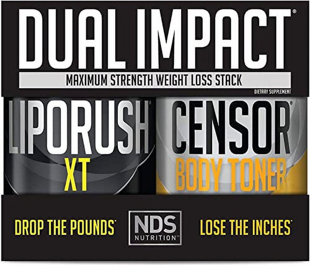 NDS Nutrition Maximum Strength Dual Impact Stack - Complete 2-In-1 Fat Loss Stack Enhanced with Teacrine, L-Carnitine, CLA for Serious Results - Censor 90 Softgels & Liporush XT 60 Capsules