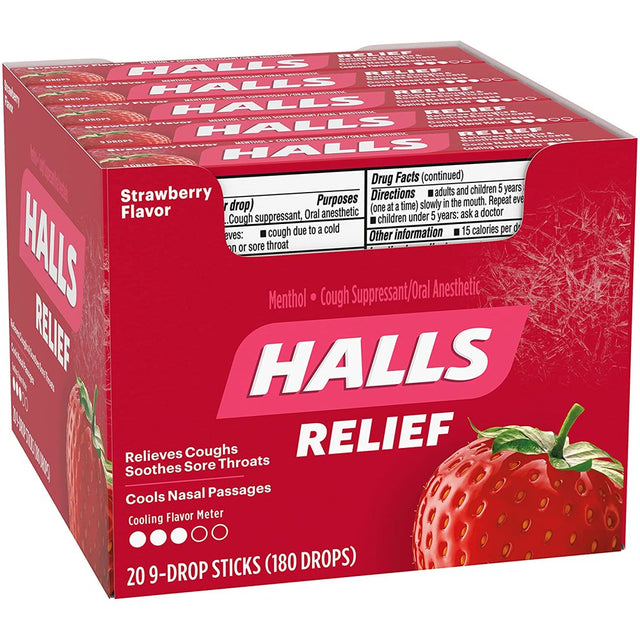 HALLS Relief Strawberry Menthol Flavor, 20 Packs of 9 Drops (180 Total Drops)