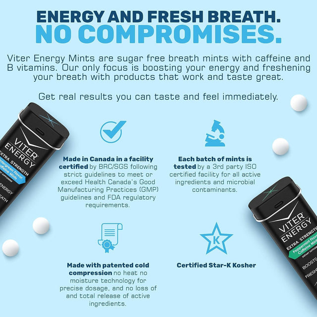 Viter Energy Extra Strength Caffeinated Mints 80Mg Caffeine, B Vitamins, Sugar Free. (Variety, 20Pcs, 6 Pack)