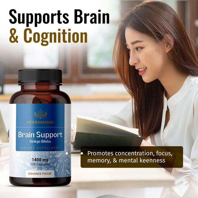 HERBAMAMA Brain Support 100 Caps- Memory & Focus Supplement- Ginkgo Biloba, Ginseng, Bacopa