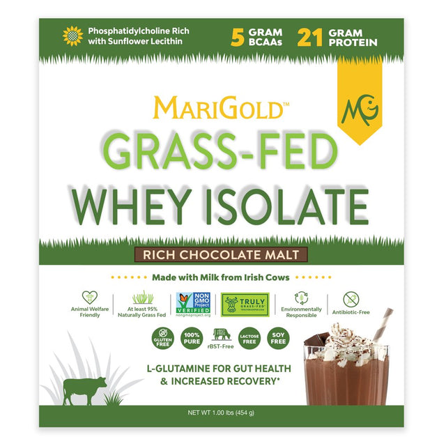 Marigold Grass-Fed Whey Isolate Protein Powder Rich Chocolate Malt 1LB - Cold Processed, Undenatured, Non-Gmo, Rbgh Free, Soy Free, Gluten Free