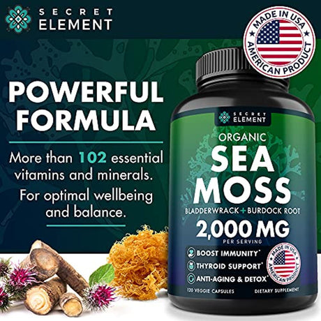 Organic Sea Moss Capsules - Burdock Root, Irish Moss and Bladderwrack Capsules - Immune System, Gut Cleanse & Thyroid Supplement - 120 Irish Seamoss Pills with All-Natural Sea Moss Powder