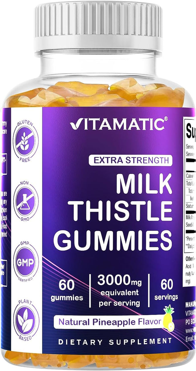 Vitamatic Milk Thistle Gummies - 3000 Mg Equivalent - Liver Detox & anti Oxidant Health - Min. 80% Silymarin Flavonoids - 60 Pectin Based Gummies