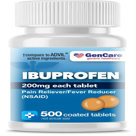 Gencare - Ibuprofen (200Mg) Pain Reliever and Fever Reducer (500 Coated Tablets) | Ultimate Savings Bulk Pack | NSAID for Headache Relief, Body Aches, Back Pain, Cramps, Muscle Aches & Arthritis