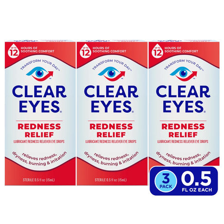 Clear Eyes Redness Eye Relief Lubricant Eye Drops, 0.5 Fl Oz, Pack of 3