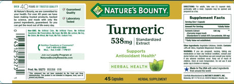 Natures Bounty Turmeric 538 Mg Standardized Extract, 45 Count