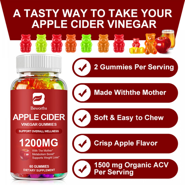 Apple Cider Vinegar ACV Gummies - Gut Health & Natural Energy Supplement with Vitamin - Apple Cider Vinegar with Mother Body Cleanse Detox for Women & Men 60 Servings