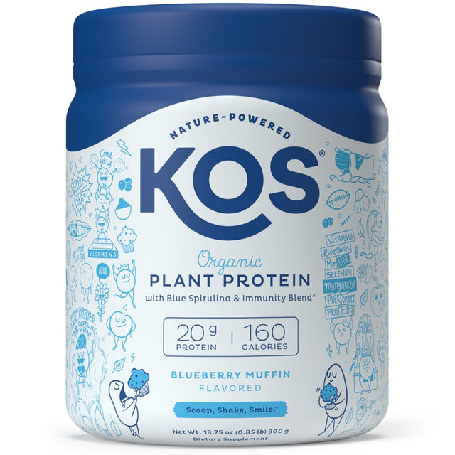 KOS Plant Based Protein Powder, No Erythritol, Blueberry Muffin - Organic Pea Protein Blend, Superfood with Spirulina & Immune Support Blend - Dairy Free, Meal Replacement for Women & Men, 10 Servings