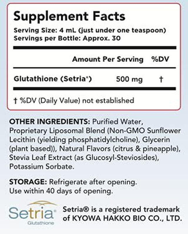 Liposomal Glutathione Supplement | Liquid Reduced Setria® L Glutathione 500Mg | Immune Support, Brain Function, Anti-Aging, Detox, Skin Health | Non-Gmo Sunflower Lecithin | Soy-Free & Vegan