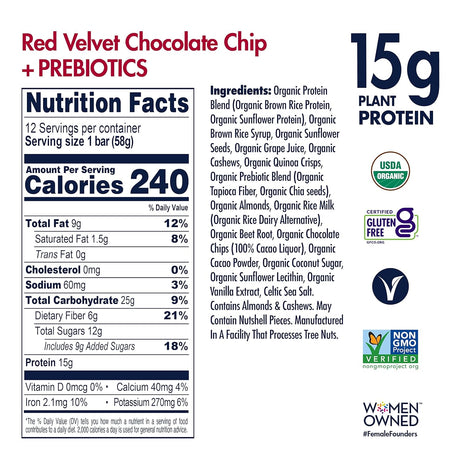 SHANTI BAR Plant Protein + Immunity Superfoods, Prebiotics | Vegan, Gluten Free, Paleo, Raw Healthy Snack, Certified Organic, Low Glycemic, No Refined Sugars | Red Velvet Chocolate Chip | 12 Count