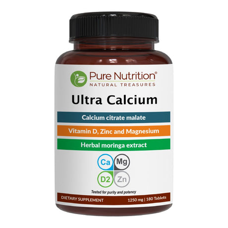 Pure Nutrition Ultra Calcium Citrate 1250 Mg | Highly Absorbable Calcium Supplement with Calcium Citrate Malate, Vitamin D, Magnesium and Zinc | 1 Tab Daily | Non-Gmo | Gluten-Free |180 Veg Tabs