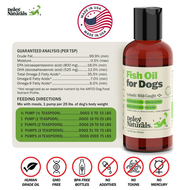 Deley Naturals Wild Fish Oil Liquid Food Supplement for Dogs - Supports Skin, Immune System, 4Oz