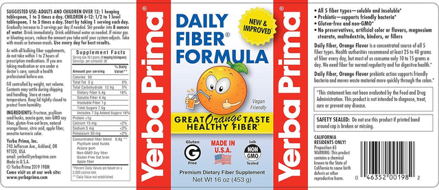 Yerba Prima Daily Fiber Formula 16 Oz (Pack of 2) - Premium Dietary Fiber Supplement, Non-Gmo, Gluten Free, Made in the USA, Orange Flavor