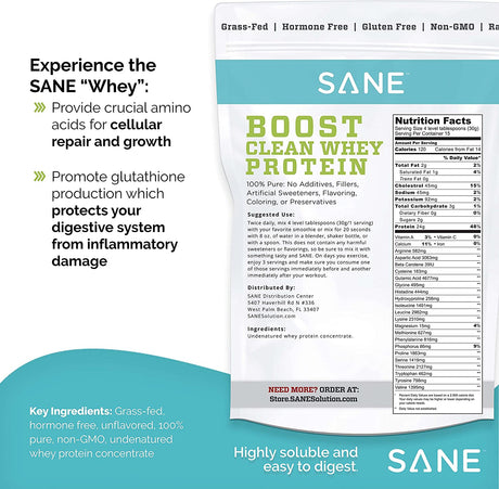 SANE Clean Whey Protein Powder Grass Fed Whey Protein Isolate Plain Unflavored 100% Pure Hormone-Free Non-Gmo