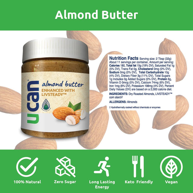 UCAN Creamy Unsalted Almond Protein Butter (12 Ounces) Long Lasting Almond Energy | Non-Gmo, Peanut Free, Zero Palm Oil, Sugar-Free, Vegan, & Keto Friendly Protein Supplement