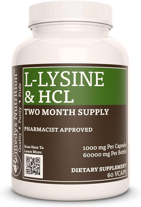 Remedy'S Nutrition L-Lysine HCL 1,000Mg Vegan Capsules Amino Acid Supplement - Non-Gmo, Gluten Free, Dairy Free - Two Month Supply (60 Count)