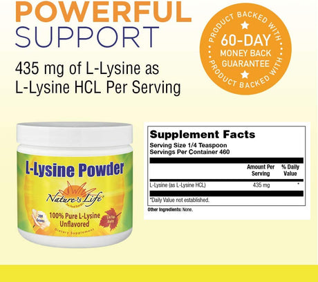 Nature'S Life L-Lysine Powder | Helps Support Healthy Immune Function | 100% Pure Natural L-Lysine | Vegetarian, Unflavored, Sugar Free | 460 Servings