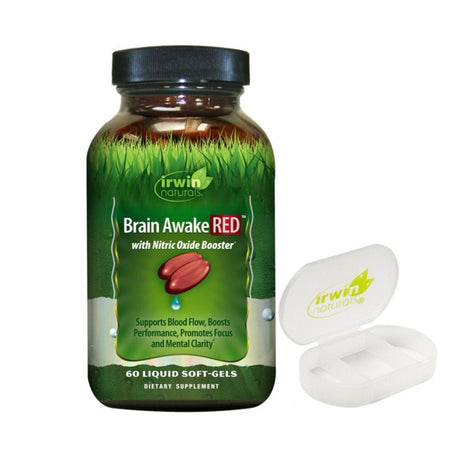 Irwin Naturals Brain Awake with Nitric Oxide Booster, 60 Liquid Softgels with Pill Case