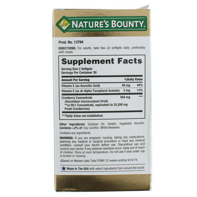 Natures Bounty Triple Strength Natural Cranberry with Vitamin C Softgels - 60 Ea, 2 Pack