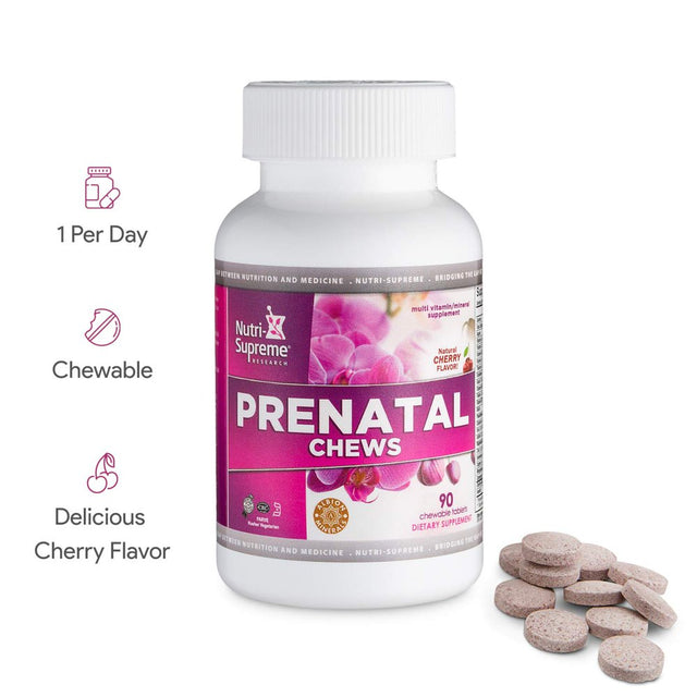 Chewable Prenatal Vitamins, 90 Count - Delicious Tasting Pregnancy Multivitamin with Folate (DFE Folic Acid), Vitamin A, C, D, E, B6, B12, Calcium, Zinc and More - Cherry Flavor - 45 Days