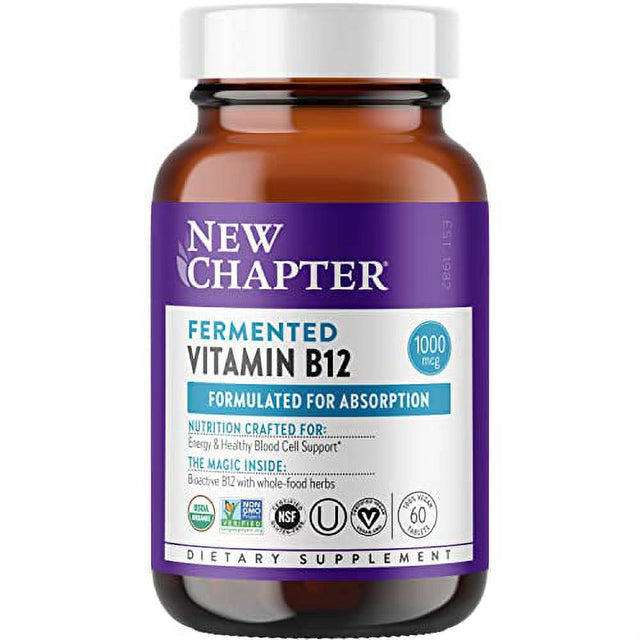 New Chapter Vitamin B12, Fermented Vitamin B12 1,000 Mcg, Organic, ONE Daily with Whole-Food Herbs + Adaptogenic Maca for Natural Energy + Healthy Blood Cells, 100% Vegan, Gluten-Free - 60 Count