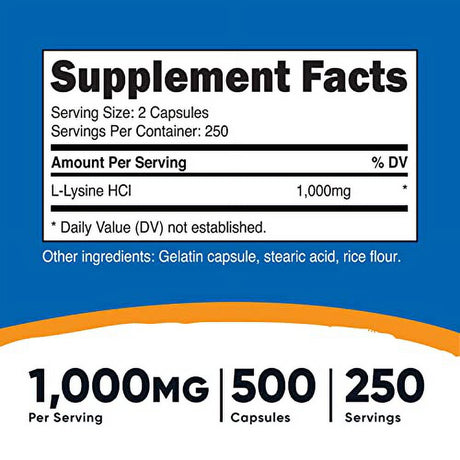 Nutricost L-Lysine 1000Mg per Serving, 250 Servings, 500 Capsules - Gluten Free, Non-Gmo, 500Mg per Capsule