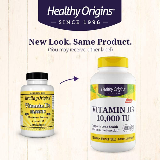 Healthy Origins Vitamin D3 10,000 IU (Non-Gmo, High Potency, Bone Support, Immune Support, Gluten Free), 360 Softgels